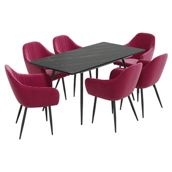 SELSEY Stół rozkładany Violarma 120-160x80 cm czarny marmur z sześcioma krzesłami tapicerowanymi Wersos bordowymi