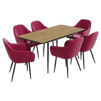 SELSEY Stół rozkładany Violarma 120-160x80 cm dąb z sześcioma krzesłami tapicerowanymi Wersos bordowymi