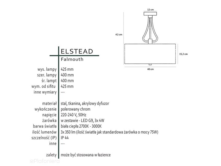 Romantyczna lampa wisząca (czarna, chrom) sufitowa do łazienki sypialni salonu (G9 3x4W) Elstead (Falmouth) Tworzywo sztuczne Styl Nowoczesny Tkanina Stal Lampa z abażurem Metal Pomieszczenie Łazienka