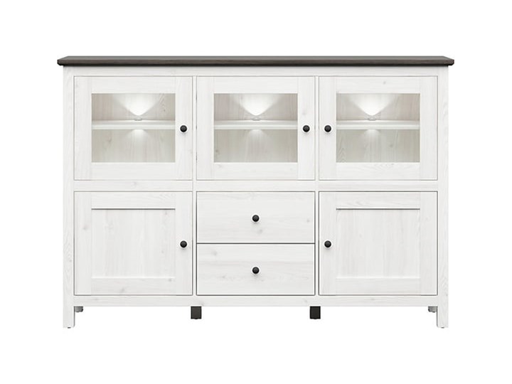 Nowoczesna komoda z przeszklonymi drzwiami do salonu Hesen 186x126x44 Z witrynami Wysokość 126 cm Głębokość 44 cm Szerokość 186 cm Styl Skandynawski
