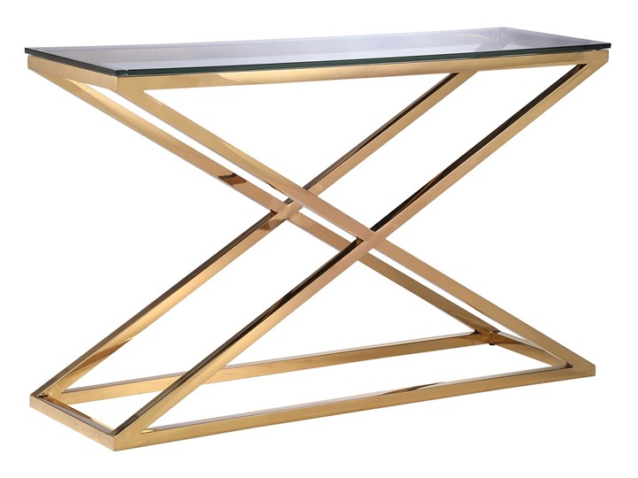 KONSOLA ZŁOTA METALOWA Z SZKLANYM BLATEM" NEW YORKER" 130x40x74cm Szerokość 130 cm Kategoria Konsole Wysokość 74 cm Głębokość 40 cm Szkło Stal nierdzewna Styl Nowoczesny