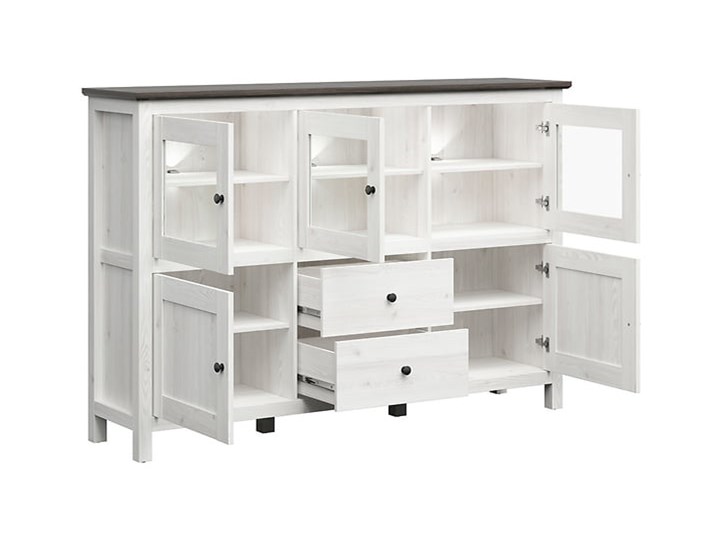 Nowoczesna komoda z przeszklonymi drzwiami do salonu Hesen 186x126x44 Z witrynami Głębokość 44 cm Wysokość 126 cm Szerokość 186 cm Styl Skandynawski Styl Nowoczesny