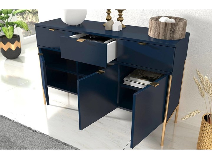 Elegancka granatowa komoda do salonu Polka na złotych nóżkach 120x78.2x37 Płyta MDF Szerokość 120 cm Kategoria Komody
