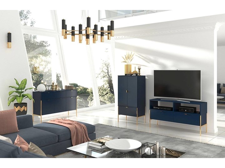 Elegancka granatowa komoda do salonu Polka na złotych nóżkach 120x78.2x37 Kategoria Komody Szerokość 120 cm Płyta MDF Kolor Granatowy
