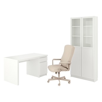 IKEA MALM/MILLBERGET / BILLY/OXBERG Kombinacja biurko/szafka, i krzesło obrotowe biały/beżowy