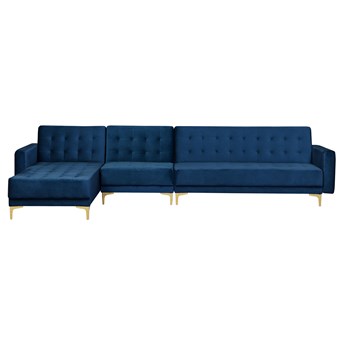 Beliani Narożnik rozkładany niebieski welurowy modułowy 5-osobowy nowoczesna pikowana granatowa sofa do salonu z szezlongiem prawostronna