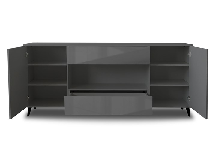 Komoda duża dwudrzwiowa z szufladami Paris grafit połysk Głębokość 40 cm Z witrynami Wysokość 91 cm Szerokość 206 cm Styl Nowoczesny Z szafkami Płyta MDF Wysokość 90 cm Pomieszczenie Salon