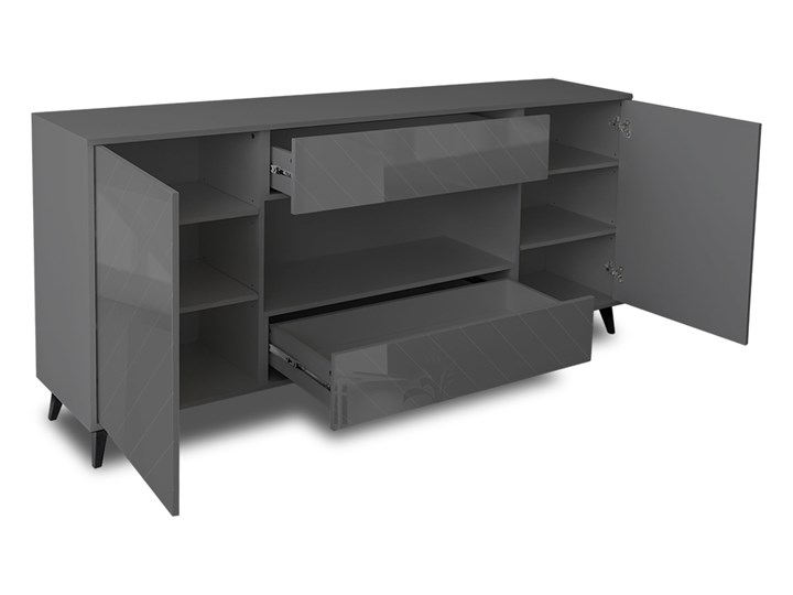 Komoda duża dwudrzwiowa z szufladami Paris grafit połysk Wysokość 90 cm Z szafkami Wysokość 91 cm Z witrynami Płyta MDF Styl Nowoczesny Głębokość 40 cm Szerokość 206 cm Pomieszczenie Salon