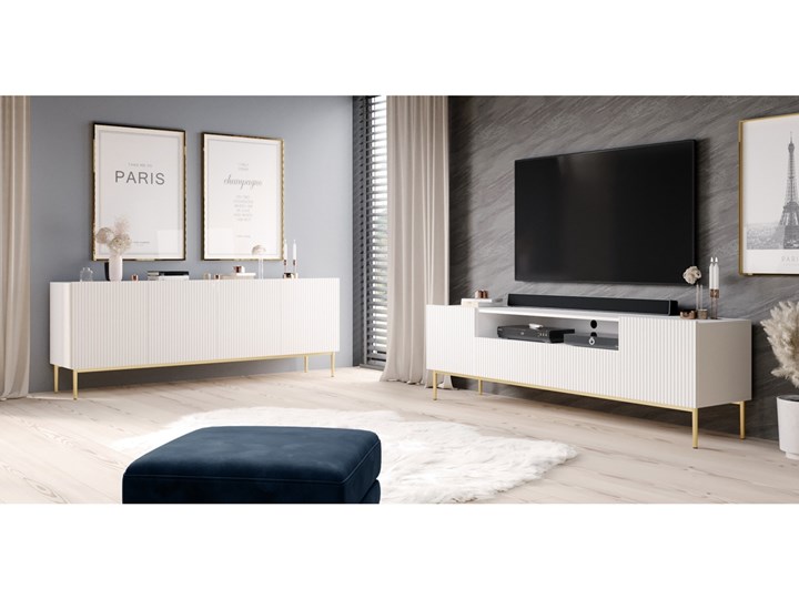 BOGART. Komoda Nicole 200 cm biały mat / złote nóżki Wysokość 85 cm Płyta meblowa Głębokość 45 cm Z szafkami i szufladami Płyta MDF Wysokość 86 cm Kategoria Komody