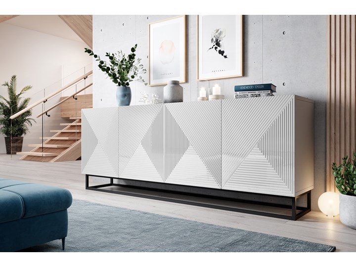 Komoda 200 cm Asha na metalowych nogach biały połysk Płyta MDF Z witrynami Głębokość 43 cm Styl Nowoczesny Pomieszczenie Sypialnia