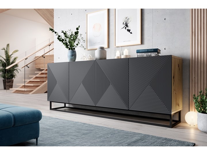 Komoda 200 cm Asha na metalowych nogach artisan /rivier stone mat Płyta MDF Głębokość 43 cm Z witrynami Kolor Szary