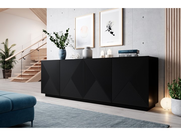 Komoda 200 cm Asha czarny mat Płyta MDF Z witrynami Głębokość 43 cm Styl Industrialny