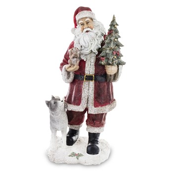 ŚWIĘTY MIKOŁAJ Z PSEM HUSKY figurka świąteczna Mikołaj z wiewiórką, choinką i psem, wys. 41 cm
