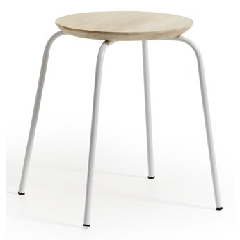 Biały metalowy stołek z siedziskiem z drewna mango Kave Home Nax