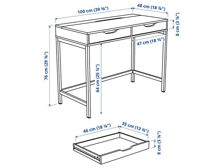 IKEA ALEX Biurko, Biała bejca/imit. dębu, 100x48 cm Szerokość 100 cm Płyta MDF Stal Kategoria Biurka