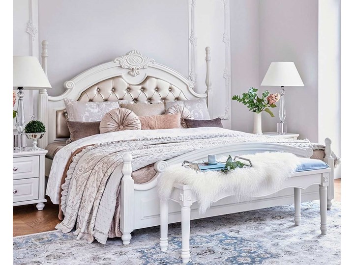 Białe łóżko Arabella, tapicerowane Tkanina Kategoria Łóżka do sypialni Drewno Łóżko pikowane Łóżko tapicerowane Ekoskóra Zagłówek Z zagłówkiem