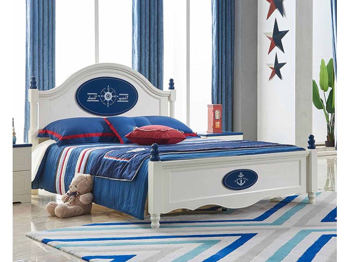 Łóżko dla dzieci 120x200 cm, białe, niebieski dekor, Julianne Kategoria Łóżka dla dzieci Tkanina Płyta MDF Kolor Biały