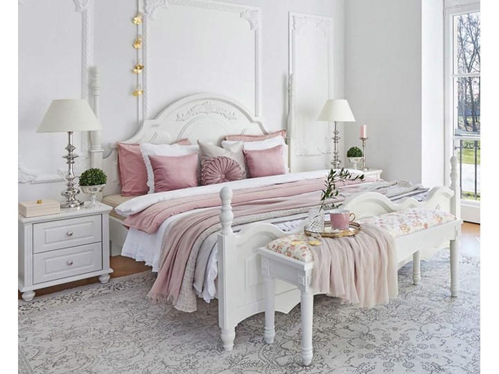 Eleganckie białe łóżko Queen 180x200 Drewno Łóżko drewniane Tkanina Rozmiar materaca 180x200 cm