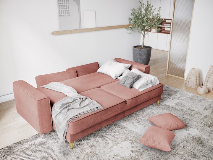 Sofa rozkładana 3-osobowa Dunas 233 cm różowa nogi złote Boki Z bokami Stała konstrukcja Głębokość 102 cm Funkcje Z funkcją spania