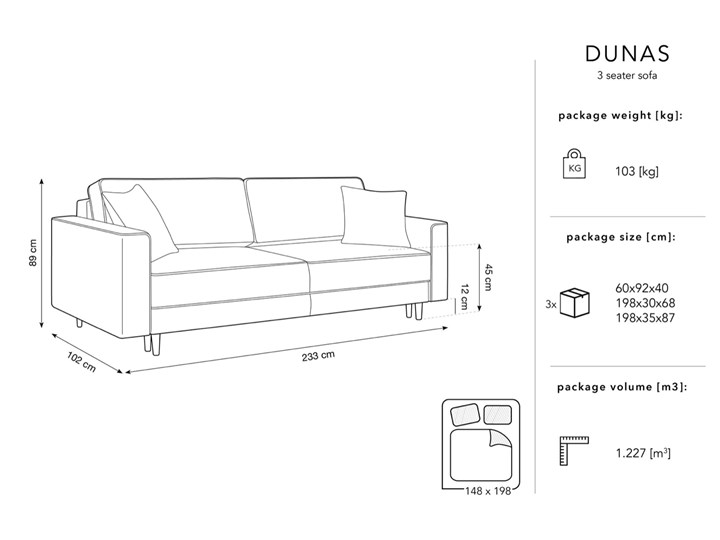 Sofa rozkładana 3-osobowa Dunas 233 cm różowa nogi złote Typ Gładkie Głębokość 102 cm Stała konstrukcja Funkcje Z pojemnikiem na pościel
