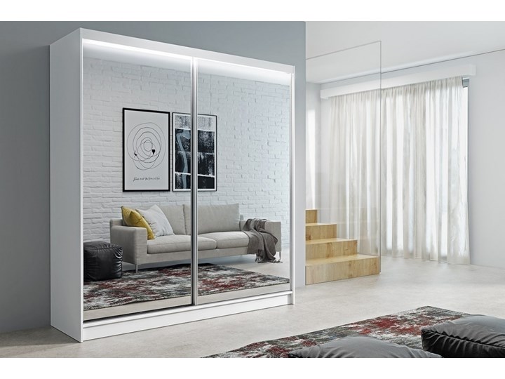 AMDK Szafa przesuwna z lustrem Denver 200 cm biała Płyta laminowana Płyta MDF Głębokość 61 cm Metal Pomieszczenie Sypialnia