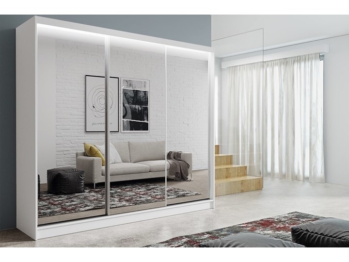 AMDK Duża Szafa Przesuwna z lustrem Denver 240 BIAŁA Głębokość 61 cm Styl Nowoczesny Płyta MDF Metal Płyta laminowana Lustro