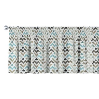 Lambrekin na taśmie marszczącej, wzór geometryczny w odcieniach pastelowego błękitu i beżu na jasnym tle , 130 × 40 cm, Modern