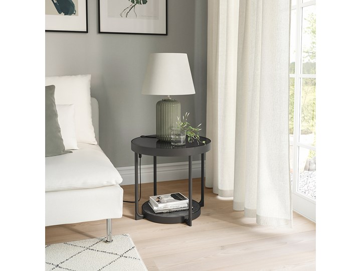 IKEA FRÖTORP Stolik, antracyt imitacja marmuru/czarny szkło, 48 cm Wysokość 45 cm Stal Funkcje Z półkami