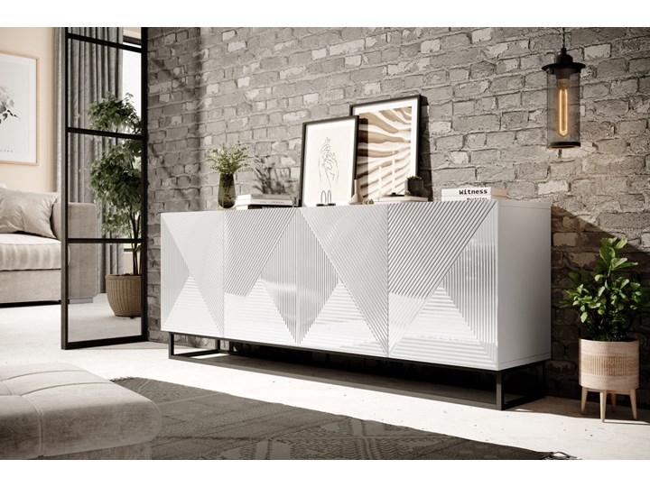Komoda 200 cm Asha na metalowych nogach biały połysk Głębokość 43 cm Płyta MDF Pomieszczenie Sypialnia Z witrynami Pomieszczenie Salon