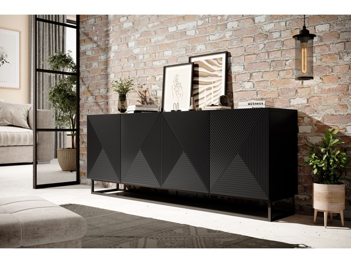Komoda 200 cm Asha na metalowych nogach czarny mat Płyta MDF Z witrynami Głębokość 43 cm Styl Industrialny