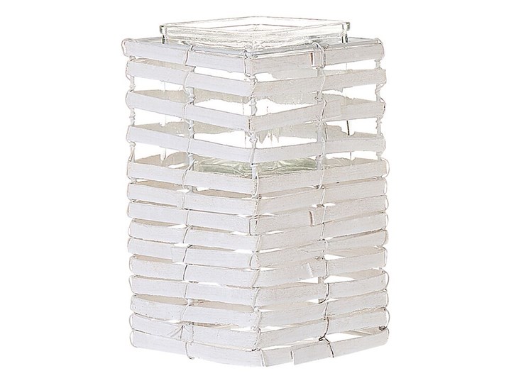 Beliani Zestaw 3 świeczników białe drewniane kwadratowe wysokie różne rozmiary boho design szklany pojemnik Drewno Metal Żelazo Szkło Kolor Biały