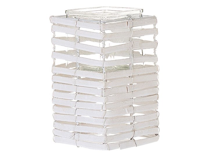 Beliani Zestaw 3 świeczników białe drewniane kwadratowe wysokie różne rozmiary boho design szklany pojemnik Metal Drewno Szkło Żelazo Kategoria Świeczniki i świece Kolor Biały