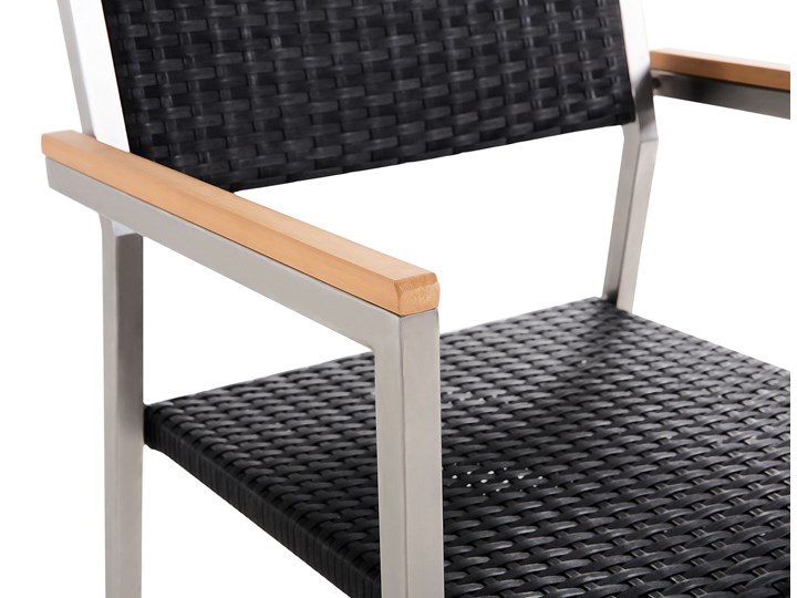 Beliani Zestaw mebli ogrodowych jadalniany czarny stół szkło hartowane 180 x 90 cm 6 krzeseł czarnych z technorattanu sztaplowanych Stoły z krzesłami Styl Nowoczesny Stal Kategoria Zestawy mebli ogrodowych