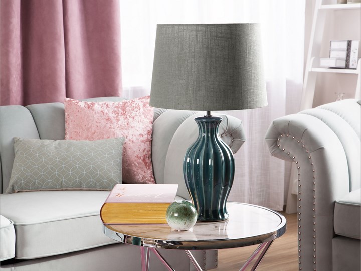 Beliani Lampa stołowa zielona ceramiczna 59 cm okrągły brązowoszary abażur klasyczna Lampa z abażurem Kolor Brązowy Ceramika Lampa solna Kategoria Lampy stołowe