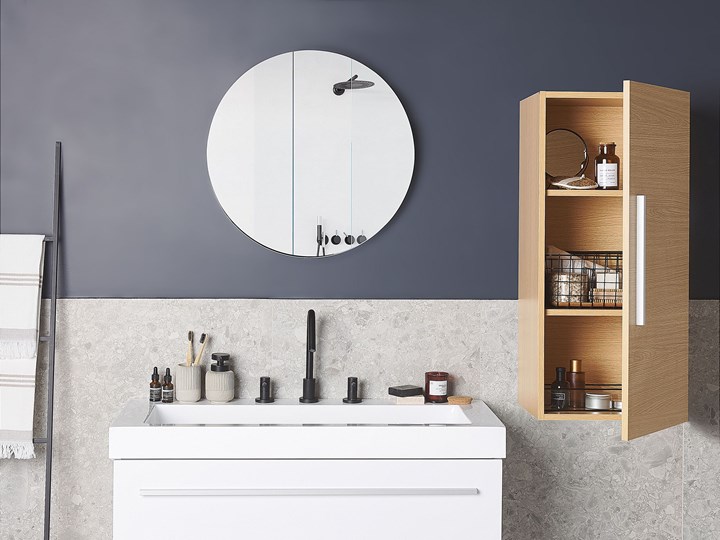 Beliani Szafka wisząca jasne drewno 40 x 35 x 88 cm 3 półki wysoka nowoczesna Głębokość 35 cm Wiszące Aluminium Szerokość 40 cm Płyta MDF Wysokość 40 cm Kategoria Szafki stojące