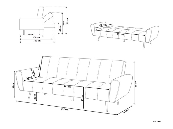 Beliani Sofa rozkładana niebieska 3-osobowa pikowana chromowane miedziane nogi styl retro Stała konstrukcja Nóżki Na nóżkach
