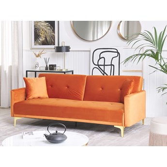 Beliani Sofa rozkładana 3-osobowa pomarańczowa welurowa pikowana z poduszkami metalowe nogi nowoczesna do salonu