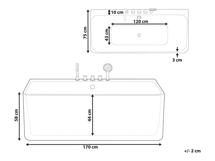 Beliani Wanna biała akrylowa 170 x 75 cm przyścienna prostokątna nowoczesny design Symetryczne Kolor Biały Długość 170 cm Kategoria Wanny