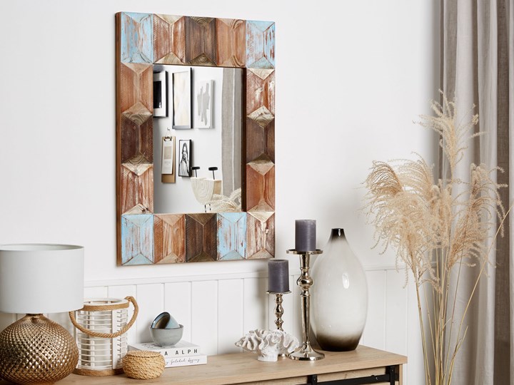 Beliani Lustro ścienne wielokolorowe drewniana prostokątna rama 63 x 90 cm ręcznie wykonane postarzane boho Prostokątne Kolor Szary Lustro z ramą Pomieszczenie Sypialnia