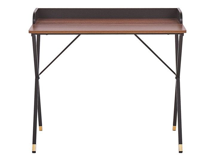 Beliani Biurko ciemne drewno z czarnym metalowa rama 90 x 50 cm małe biurko na home office złote akcenty Kolor Brązowy Płyta MDF Szerokość 90 cm Biurko komputerowe Pomieszczenie Biuro