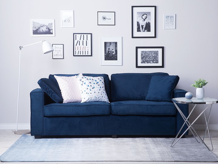 Beliani Sofa ciemnoniebieska welurowa trzyosobowa nowoczesna kanapa do salonu z poduszkami Stała konstrukcja Szerokość 204 cm Głębokość 78 cm Nóżki Bez nóżek