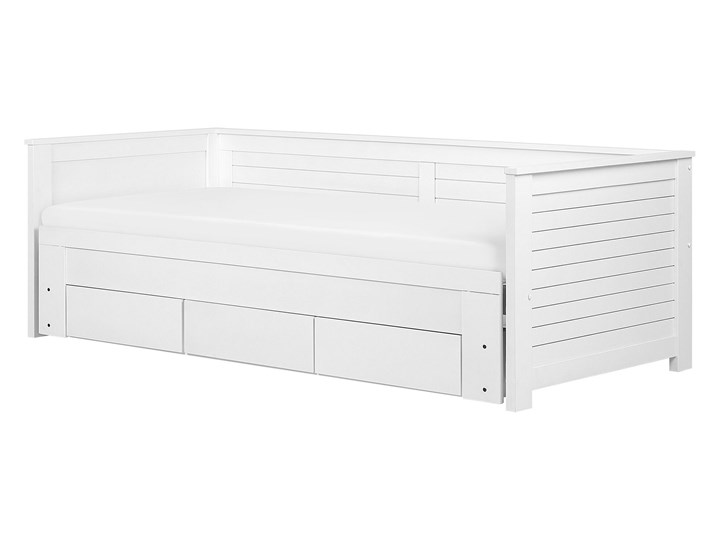 Beliani Łóżko białe drewniane 90/180 x 200 cm ze stelażem wysuwane dodatkowe łóżko 3 szuflady skandynawskie Drewno Płyta MDF Kolor Biały