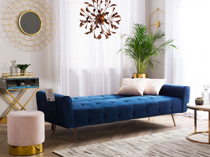 Beliani Sofa rozkładana niebieska 3-osobowa pikowana chromowane miedziane nogi styl retro Stała konstrukcja Pomieszczenie Salon