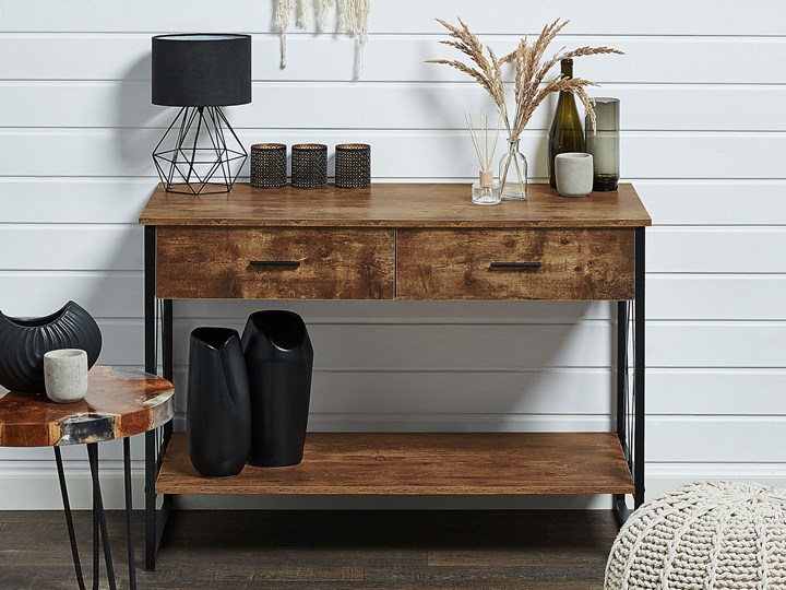Beliani Konsola stolik ciemne drewno czarny metal 2 szuflady półka industrialny styl salon pokój Głębokość 46 cm Z półką Z szufladą Szerokość 107 cm Pomieszczenie Przedpokój