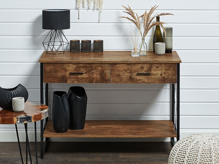 Beliani Konsola stolik ciemne drewno czarny metal 2 szuflady półka industrialny styl salon pokój