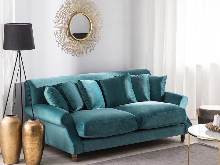 Beliani Sofa 3-osobowa morska welurowa drewniane nóżki grube siedzisko dodatkowe poduszki retro wygląd Stała konstrukcja Szerokość 186 cm Głębokość 102 cm Pomieszczenie Salon