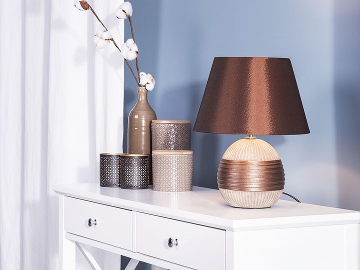Beliani Lampka nocna stołowa brązowa ceramiczna ozdobna okrągła Lampa z abażurem Lampa dekoracyjna Kolor Beżowy Lampa nocna Lampa z kloszem Wysokość 37 cm Ceramika Kolor Brązowy
