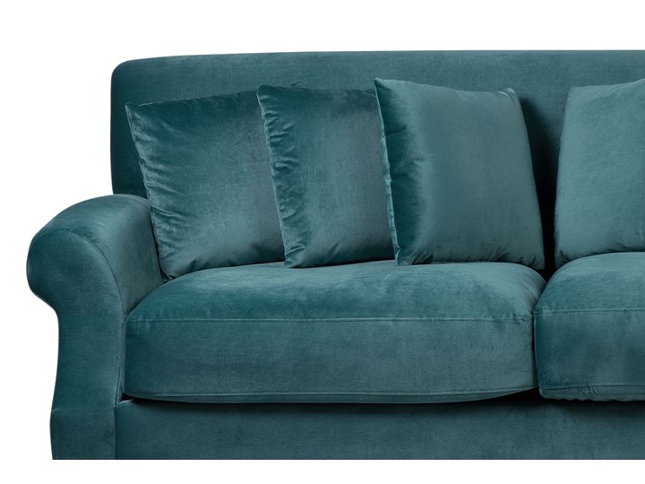 Beliani Sofa 3-osobowa morska welurowa drewniane nóżki grube siedzisko dodatkowe poduszki retro wygląd Głębokość 102 cm Stała konstrukcja Nóżki Na nóżkach Szerokość 186 cm Styl Vintage