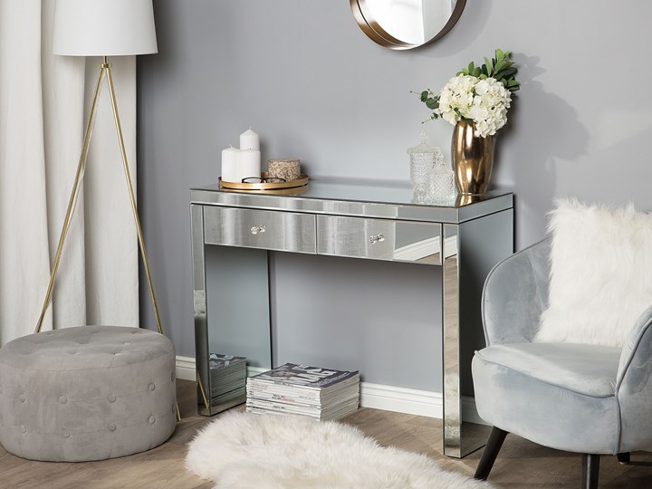 Beliani Konsola lustrzana szklana 2 szuflady 77 x 100 cm styl glam Głębokość 35 cm Z szufladą Płyta MDF Szkło Lustro Pomieszczenie Przedpokój
