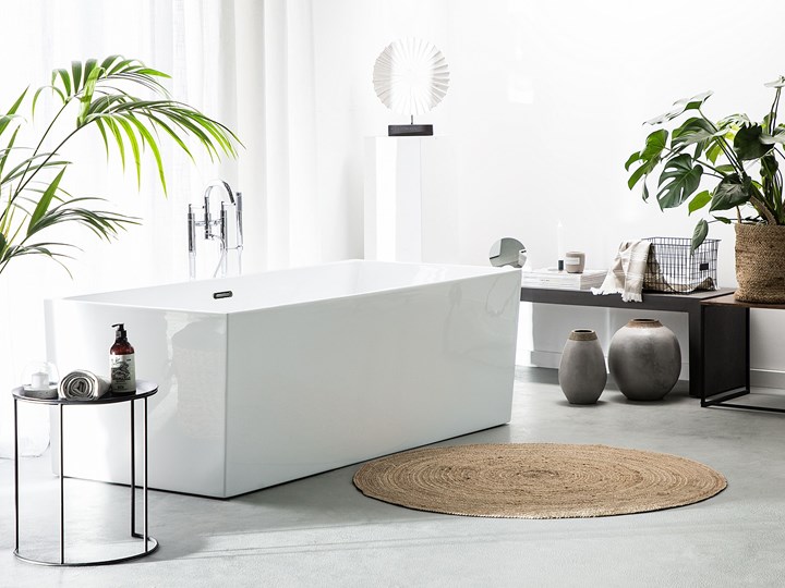 Beliani Wanna wolnostojąca biała akrylowa 170 x 81 cm system przelewowy prostokątna współczesna Długość 170 cm Wolnostojące Symetryczne Kolor Biały